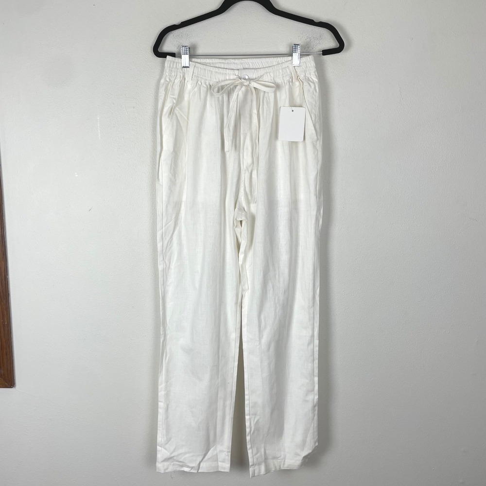 NWT Muse Fath White Cotton Flax Blend Drawstring Waist Pants M‎ Beachy Costal